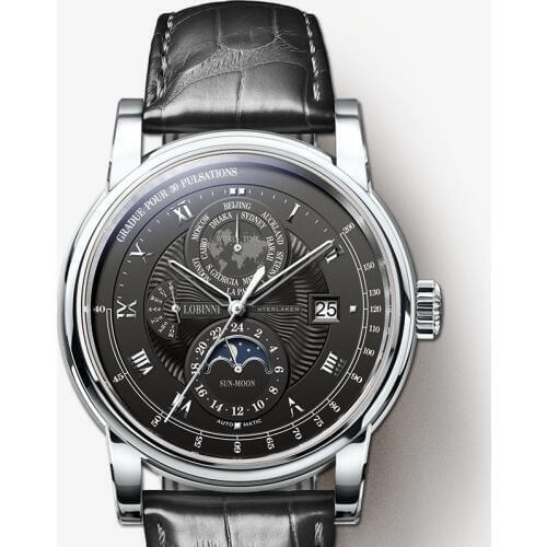 LOBINNI Men Watch Luxury Brand Moon Phase Auto Mechanical Mens Wirstwatches Sapphire Leather World Time relogio Clock L16003-2