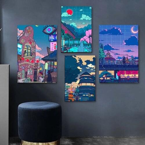 HD Cartoon View Street Canvas Painting Night Tree Cute Poster and Print for Bedroom Modular Modern Wall Art Pictures Home Decor