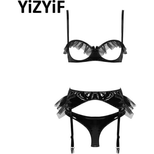 Womens Sexy Lingerie Set Wet Look Patent Leather Open Cups Bra Top with Garter Belt and Crotchless Underwear erotic Lingerie