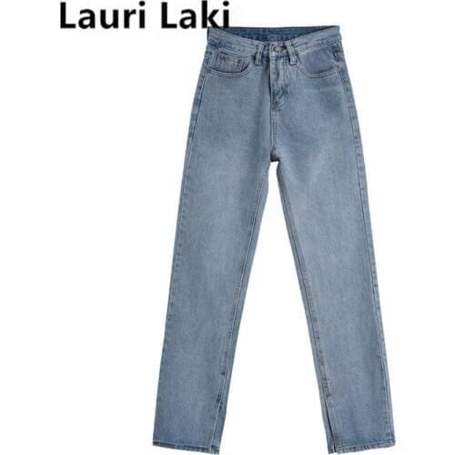 Lauri Laki Boyfriend Straight Jeans Women High Waist Wide Leg Denim Pants Summer 2021 Vintage Split Mom Jeans Plus Size