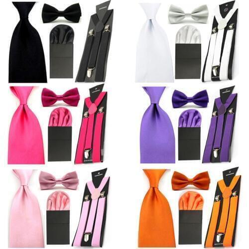 Men Solid Color Bowtie 8cm Ties Puff Pocket Square Hanky Suspender Braces Set BWSET0055