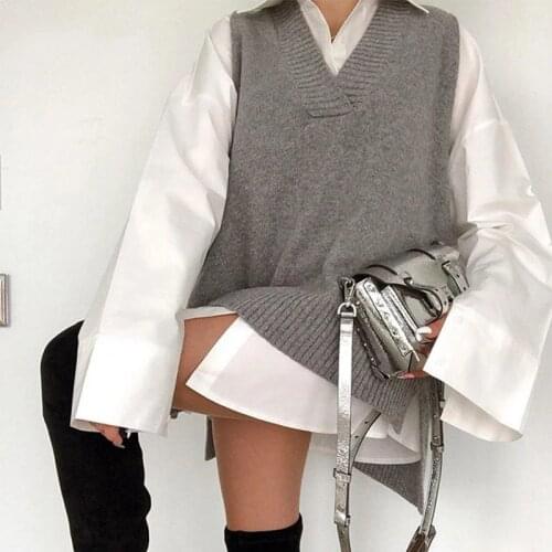 Womens sweater Harajuku V-neck Oversized Loose Irregular hem Knitted Wool sweater Vest y2k street Casual Hedging Women vest