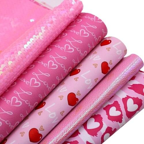 Valentines Day Printed Faux Leather Fabric Love Pattern Synthetic Leather Fabric 5 Pcs 7.7"x12.9" (20 cm x 33 cm)