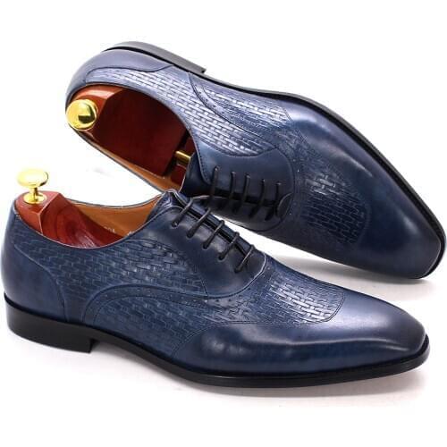 Luxury Genuine Leather Oxford Shoes Men Elegant Office Pointed Toe High Quality Black Blue Lace Up Mens Business Dress Shoes