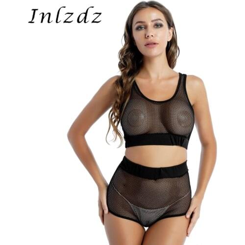 Womens Sexy Nightwear Sleepwear Lingerie See Through Mesh Fishnet Sleeveless Cropped Tank Top with Elastic Waistband Hot Pants