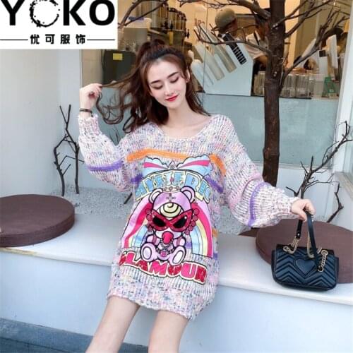 YOKO Winter Korean Cartoon cat Sequins Long Sleeve Sweater Womens Long Loose Thick Knit Top fashion Low O-neck sweater dress