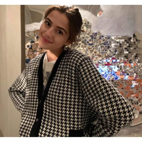 B-TOTO American Retro Black Houndstooth V-neck Knitted Sweater Cardigan Women Loose Tide Ins 2021 New Fashion