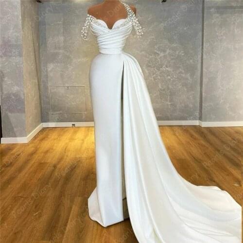 Off the Shoulder Pearls Evening Dresses Ruched Side Split Satin Formal Prom Dress Robe De Soiree 2021 Dubai Wedding Party Night