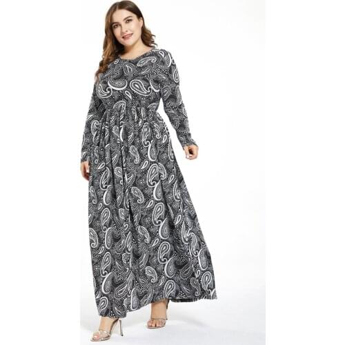 Elegant Long Sleeve Dress for Women O-neck Print High Waist A-line Long Maxi Dresses Casual Robes Vestido De Mujer T50894