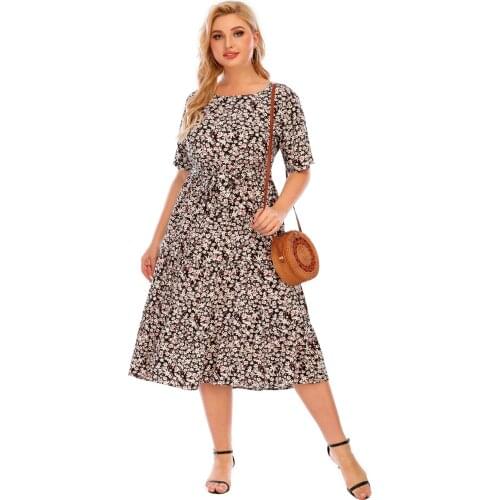 Floral Dress Women Plus Size Summer Boho Skirt Round Neck Midi Length Half Sleeeve Large Swing High Waist Polyester Dresses