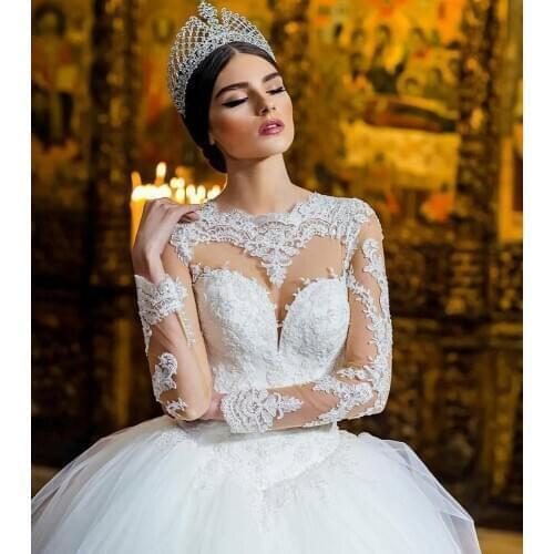 2021 Arabic Dubai Sheer Neck Wedding Dresses Ball Gown Long Illusion Sleeves Applique Beaded Lace Bridal Dress robe de mariee