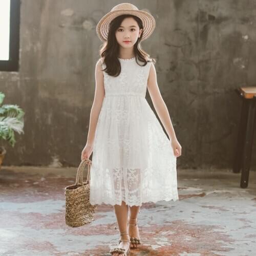 White Summer Birthday Long Lace Flower Girl Dress Party Korean Off Shoulder Girls Dress Princess Robe Ete Girls Outfits BW50DR