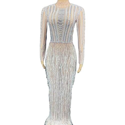 Shining Embellished Beaded Women Dress Tassel Split Floor Longth Asymmetrical Dress Nightclub Costume DJ Singer Dance Stage Wear