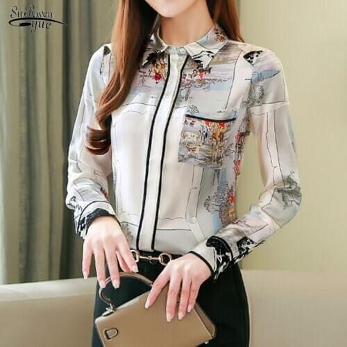 Blusas 2021 Autumn Women Tops and Blouse Elegant Long Sleeve Chiffon Blouse Satin Silk Print New Office Lady Women Shirt 8193