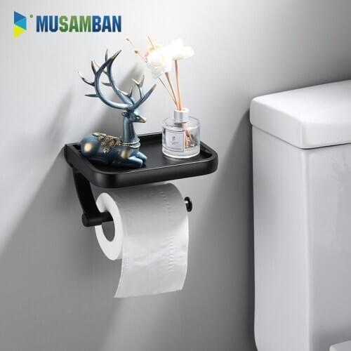MUSAMBAN Wall Mounted Black Toilet Paper Holder Tissue Paper Holder Roll Holder Shelf Phone Storage Rack Bathroom Accessories