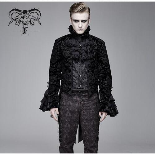 Devil Fashion Men Goth Tuxedo Coat Victoria Vintage Lace Necktie Evening Dinner Banquet Gown