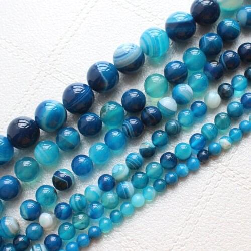 Smooth 4-16mm Dark Blue Stripe agates Round Loose Beads 15" DIY Jewelry Making