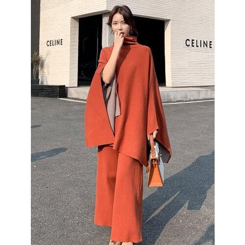 Brand Famous New 2021 Spring Sweater Two-Piece Set Turtleneck Cape Sweater Loose Knitted Wide-Leg Pants 2 Piece Set