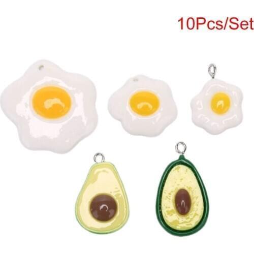 10Pcs/Set Kawaii Resin Flat Back Flowers Egg Avocado Charms Diy Earring Key Chain Charms For DIY Student Supplies Decoration
