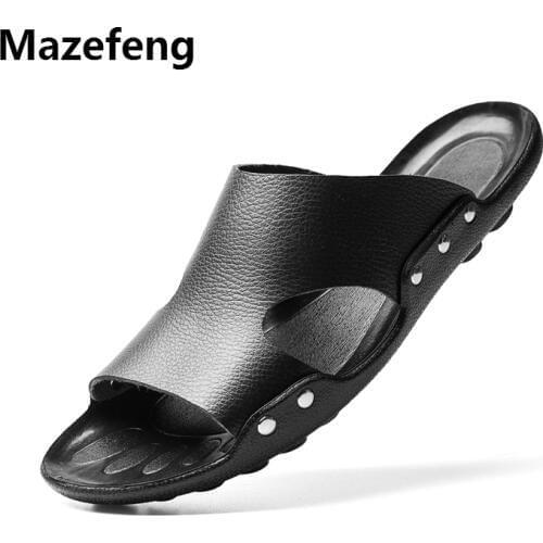 Mazefeng 2019 Summer Shoes High quality Men Sandals Rivet Leather Beach Mens Slippers Platform Black Male Sandals Rubber Shoes