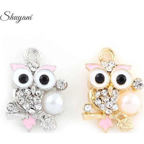 20pcs Crystal Animel Owl Simulated Pearl Bracelets Charm Pendants Fashion Jewelry Making Findings DIY Charms Handmade