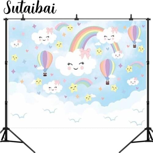 Cute Cloud Banner Stars Rainbows Colorful Heart Helium Balloon Blue Sky Backdrop Baby Birthday Party Background Cloth