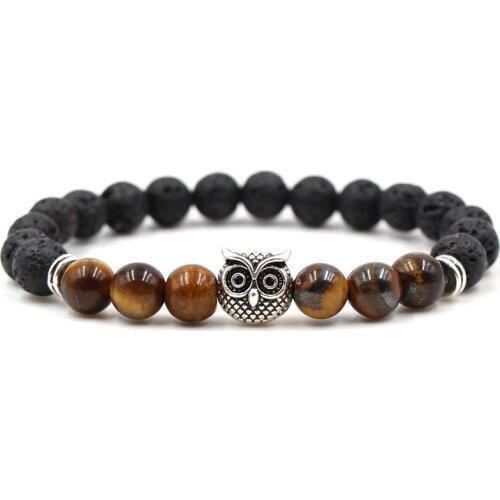 Trendy Natural Black Volcanic Lava Stone Bracelet Bangle Zinc alloy owl Bracelet for Men&Women Charm Cassic Jewelry 2021 fashion
