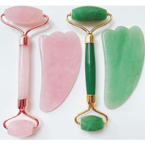 Portable Face Lift Massager Crystal Roller Set Facial Massage Jade Roller Natural Rose Quartz Stone Beauty Roller Tool Girl Gift