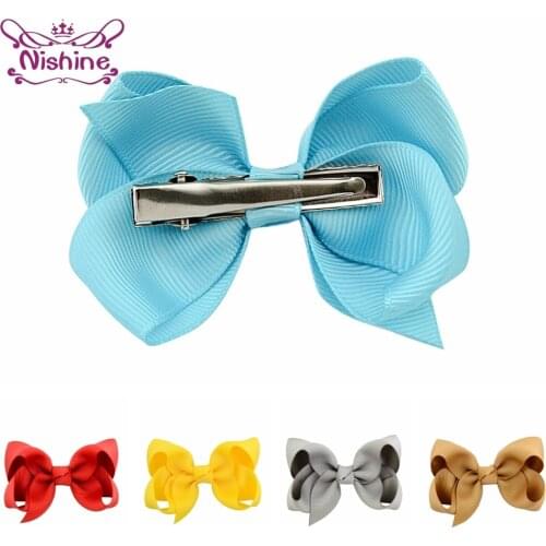 Nishine 2pcs/lot 3 Inches Solid Color Grosgrain Ribbon Bowknot Baby Duckbill Clips Princess Bangs Hairpin Hairstyle Design Tools