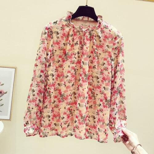 2021 fashion new retro print stand-up collar chiffon shirt design sense niche foreign style spring and summer floral blouse