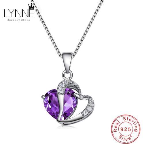 Hot Sale Fashion 925 Sterling Silver Double Heart Pendants Necklace Purple AAA Cubic Zirconia Drop Necklaces Women Jewelry Gift