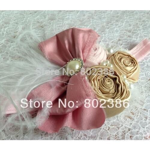 Free Shipping Gold satin Roll Flower Ivory Ostrich Feather Dupioni Silk Bow Headband Kids Hair Accessories