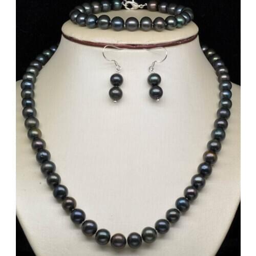 Lovely 8-9MM black pearl necklace &bracelet &earring 18"