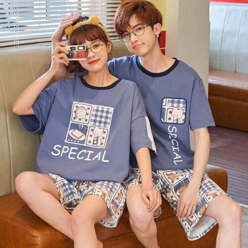 Plus Size Blue Short Sleeve O-Neck Couple Pajamas Set Women Summer Sleepwear Men Loose Homewear Cute Cartoon Girls Nightwear Set