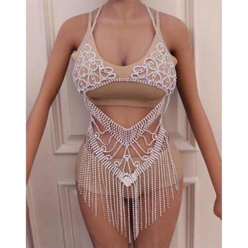 Sexy Rhinestone Chain Body Lingerie Set Heart Tassel Body Jewelry for Women Fashion Bikini Underwear Bling Crystal Bra Thong