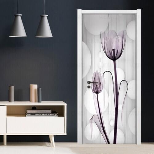 Modern Door Sticker Simple Transparent Flower Tulips Photo Wallpaper 3D Living Room Bedroom Murals Home Decor PVC Waterproof 3D