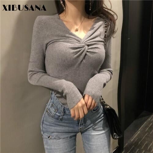 XIBUSANA Woman Sweaters Pullovers Knitted Cross Kink Sweaters V-Neck Long Sleeve Elegant Autumn New Sweaters Sexy Tops New 2020