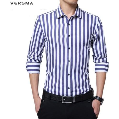 VERSMA Korean Fashion Casual Men Long Sleeve Slim Fit Stripe Shirt Men 100% Cotton Mens Striped Shirts Male Youth Clothing 5XL