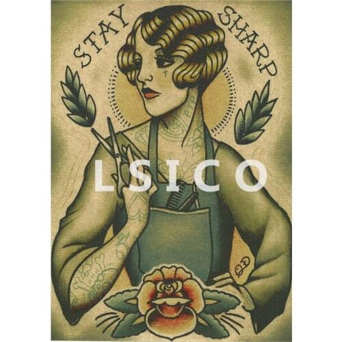 Vintage Hairdresser Tattoos Patterned Posters Kraft paper Interior Painting Restoring Wall Sticker Barber shop Home Decoration Y