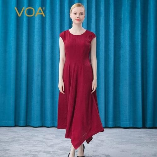 VOA 100% Silk Jacquard Sunset Red Round Neck with Shoulder Sleeve and Mid Waist Long Hollow Design Personalized Dress AE688