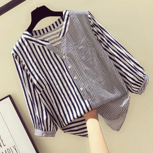 Loose Striped Women Shirts Summer New 2021 V-Neck Half Sleeved Loose Casual All Match Female Outwear Tops