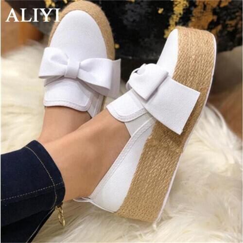 Womens Casual Shoes 2021 Autumn Fashion Slip On Thick Bottom Bow Ladies Running Shoes Outdoor Breathable Female Trendy Sneakers