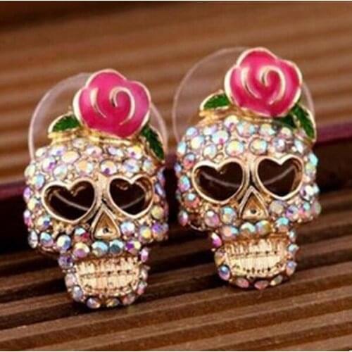 New Punk Trendy Womens Girl Retro Pink Bow Rose Flower Gold Filled CZ Zircon Skull Pierced Earrings Jewelry Gift brinco