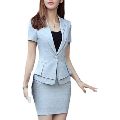 Novelty Black Grey Summer Short Sleeve Career Blazer And OL Skirt For Ladies Office Work Wear Uniforms Outfits