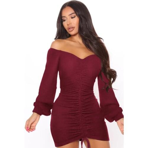 2021 New Package Hip Solid Color Long Sleeve Dress Elegant Women Rucehd Drawstring Mini Party Dresses Autumn Slim Bandage Robe