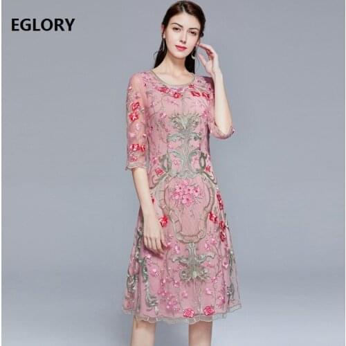 Plus Size Clothing 2020 Spring Summer Bride Mother Women Luxurious Embroidery Half Sleeve Mid-Calf Sexy Tulle Mesh Dress Pink