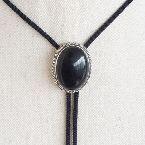 New Original Vintage Sterling Silver 925 Nature Black Obsidian Stone Oval Wedding Bolo Tie Necklace BOLOTIE-S069
