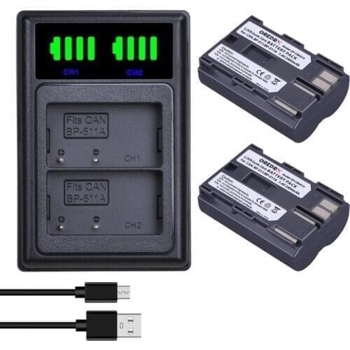 2Pcs 2400mAh BP-511 BP-511A BP 511 Battery + LED Dual USB Charger with Type-C port for Canon EOS 40D 300D 5D 20D 30D 50D 10D G6