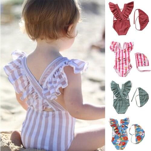 2021 Girls Swimsuit One Piece Swimsuit With Hat Infantil Baby Swimsuit Ruffle Cross Shoulder Straps Childrens Swimwear 1095
