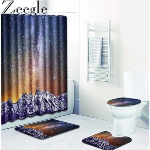 4PCS Toilet Rugs Bath Mat amd Shower Curtain Set Home Decor Seat Cover Toilet Mat Bathroom Absorbent Carpet Rugs Bath Foot Pad